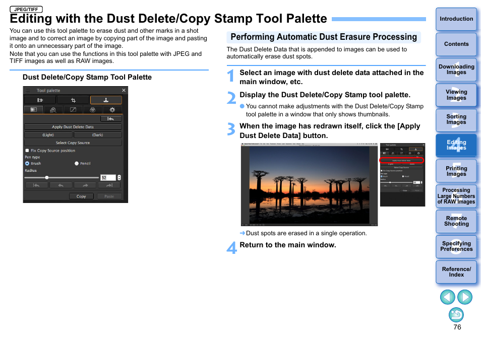 Editing with the dust delete/copy stamp, Tool palette, Performing automatic dust erasure processing | P.76) | Canon PowerShot G7 X Mark II User Manual | Page 76 / 141