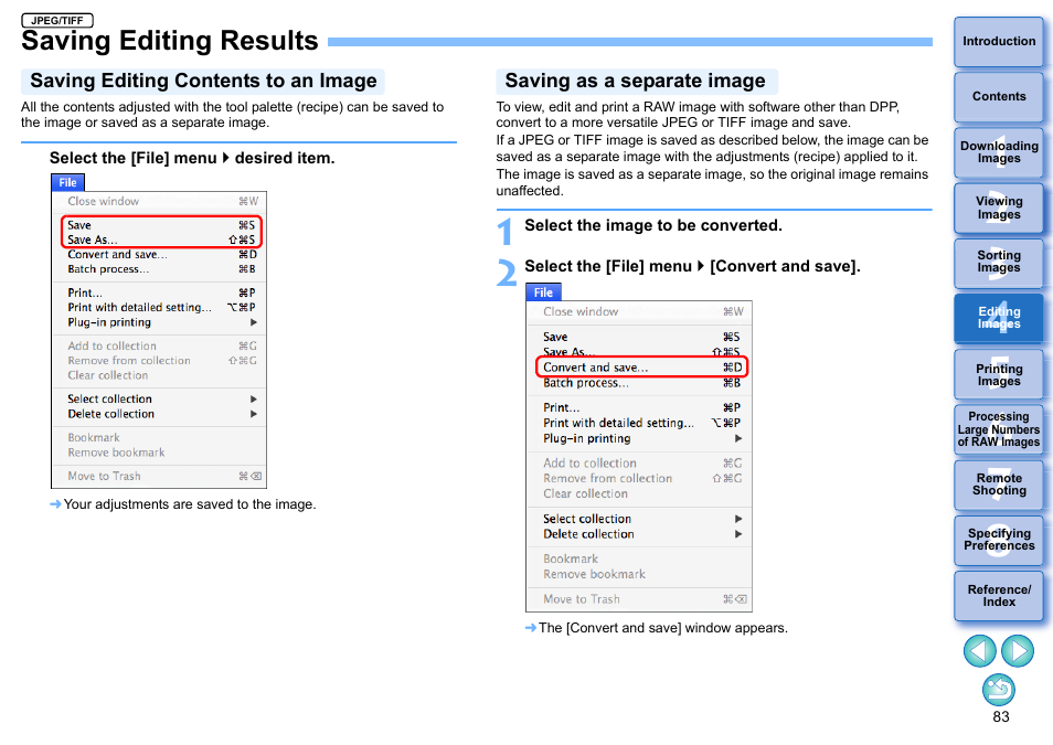 Saving editing results, Saving editing contents to an image, Saving as a separate image | P.83), With, Saved | Canon PowerShot G7 X Mark II User Manual | Page 83 / 141