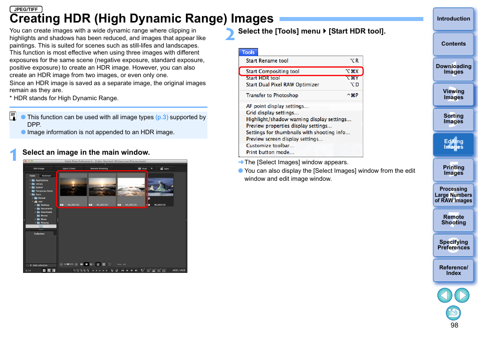 Creating hdr (high dynamic range) images, Creating hdr (high dynamic range), Images | Canon PowerShot G7 X Mark II User Manual | Page 98 / 141