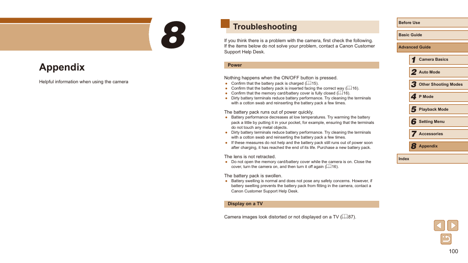 8 appendix, Troubleshooting, Appendix | Canon PowerShot SX410 IS User Manual | Page 100 / 118