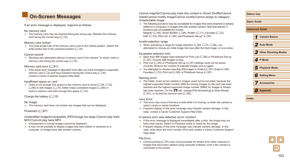 On-screen messages | Canon PowerShot SX410 IS User Manual | Page 103 / 118
