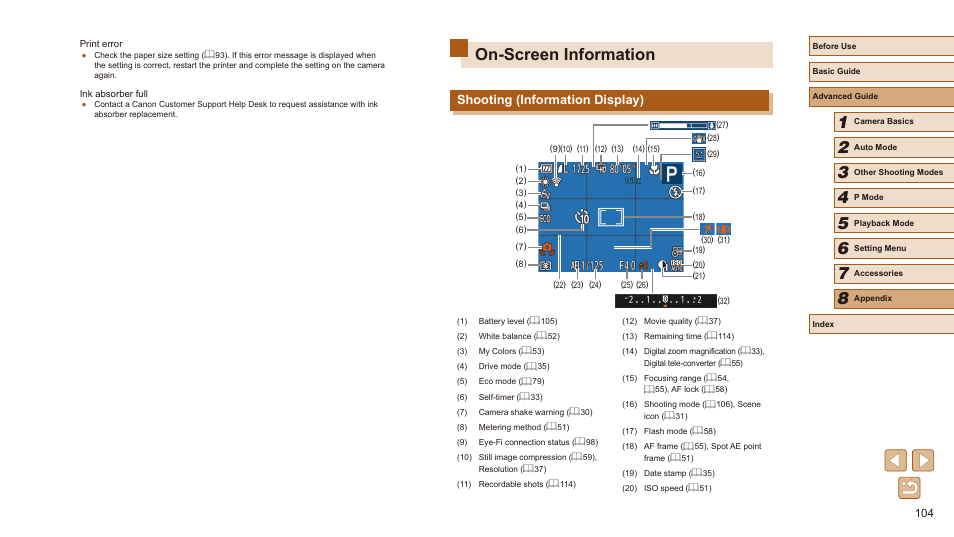 On-screen information, Shooting (information display), Screen information” (= 104) | Canon PowerShot SX410 IS User Manual | Page 104 / 118
