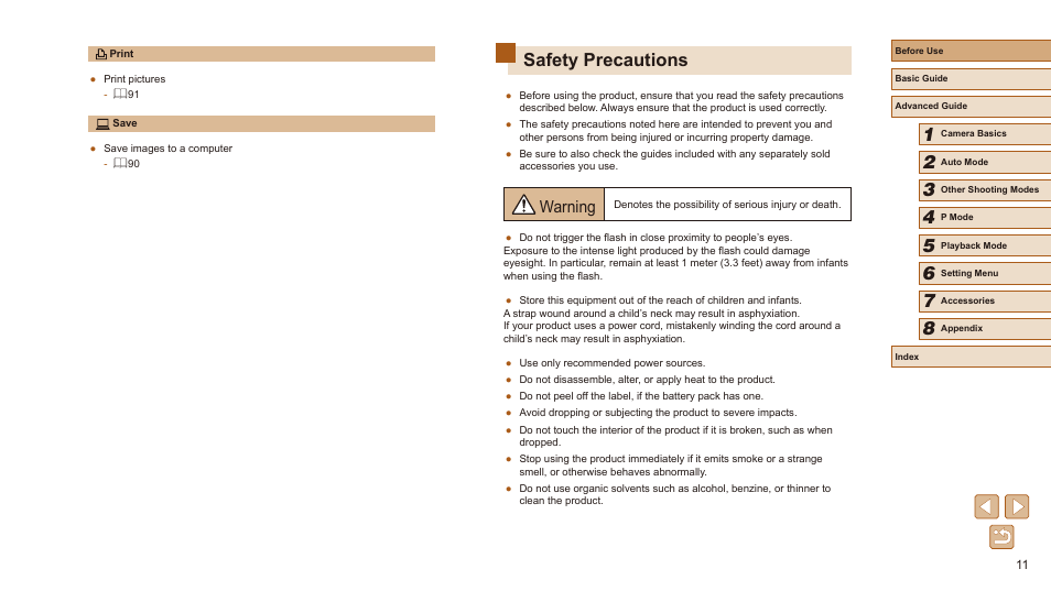 Safety precautions, Warning | Canon PowerShot SX410 IS User Manual | Page 11 / 118