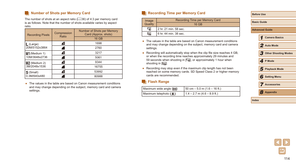 See “recording time per memory card” (= 114), Number of shots per memory card” (= 114), Remaining time (= 114) | Still images: resolution (= 114) | Canon PowerShot SX410 IS User Manual | Page 114 / 118