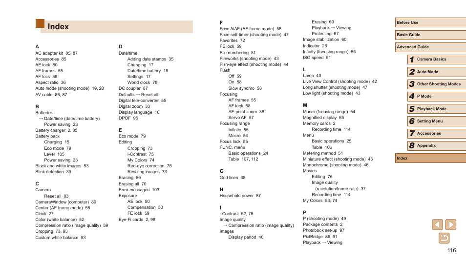 Index | Canon PowerShot SX410 IS User Manual | Page 116 / 118