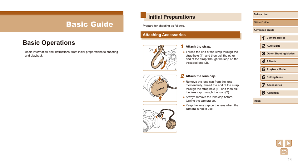 Basic guide, Basic operations, Initial preparations | Attaching accessories | Canon PowerShot SX410 IS User Manual | Page 14 / 118