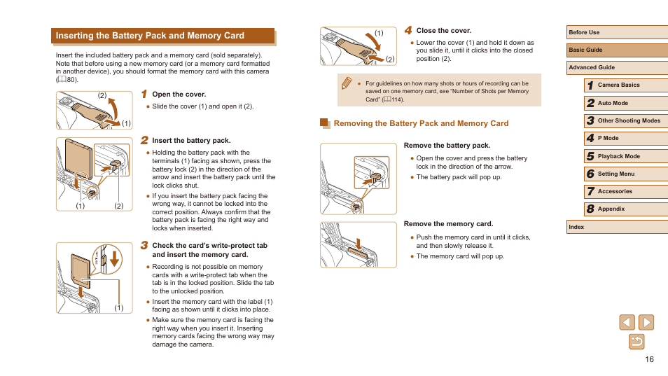 Inserting the battery pack and memory card, Removing the battery pack and memory card | Canon PowerShot SX410 IS User Manual | Page 16 / 118