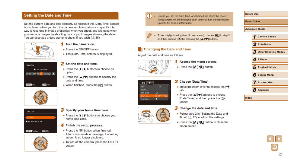 Setting the date and time, Changing the date and time | Canon PowerShot SX410 IS User Manual | Page 17 / 118