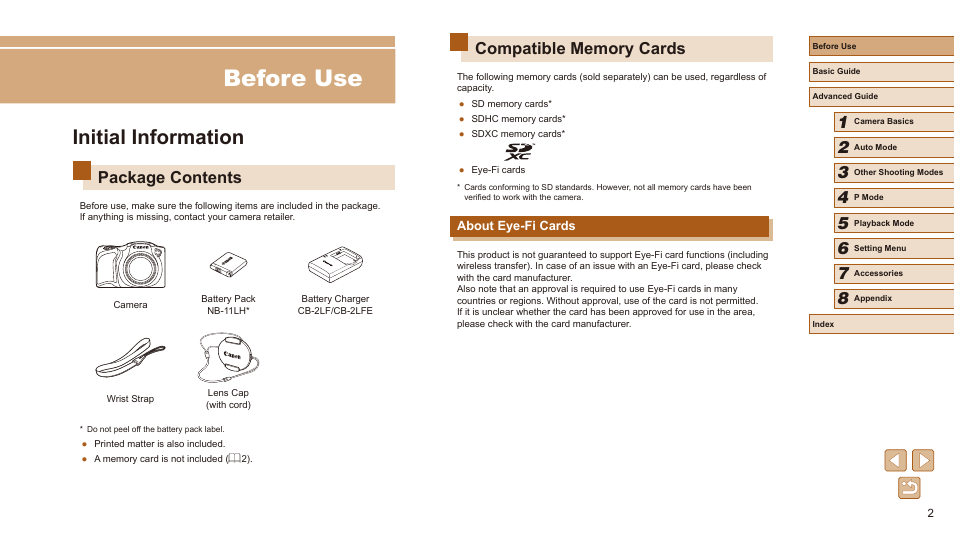 Before use, Initial information, Package contents | Canon PowerShot SX410 IS User Manual | Page 2 / 118