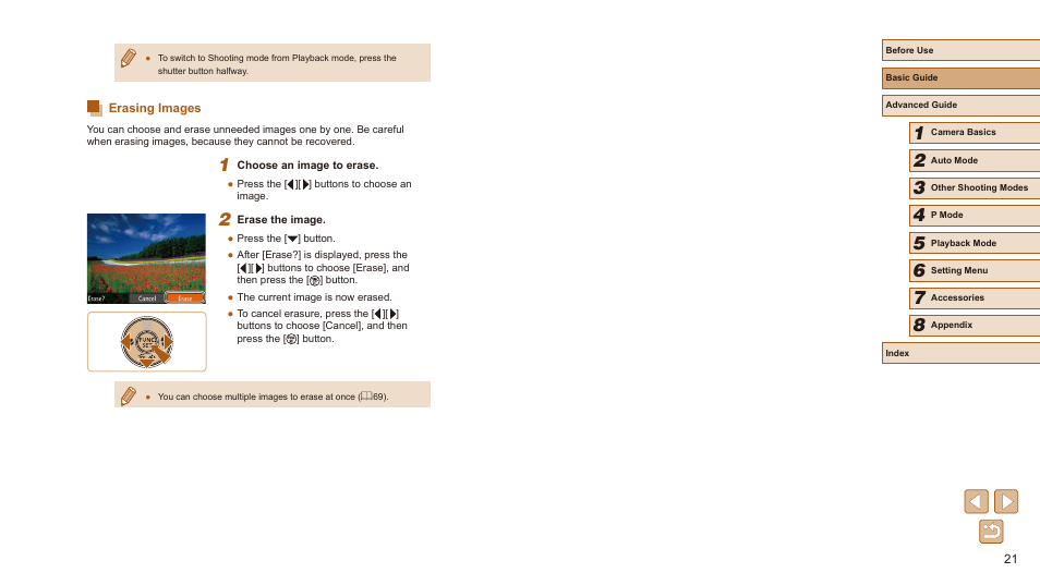 Erasing images | Canon PowerShot SX410 IS User Manual | Page 21 / 118