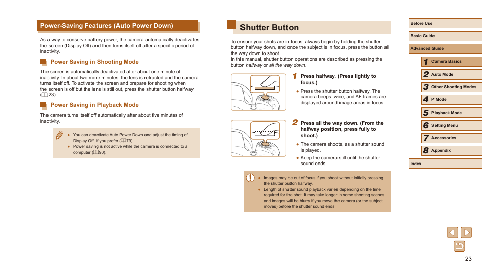 Power-saving features (auto power down), Shutter button | Canon PowerShot SX410 IS User Manual | Page 23 / 118