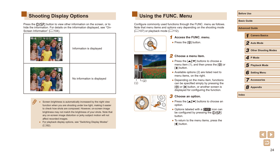 Shooting display options using the func. menu, Using the func. menu, Shooting display options | Canon PowerShot SX410 IS User Manual | Page 24 / 118