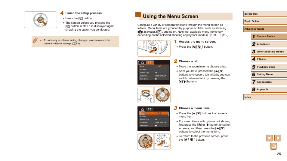Using the menu screen | Canon PowerShot SX410 IS User Manual | Page 25 / 118