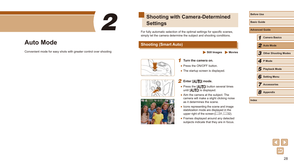 2 auto mode, Shooting with camera-determined settings, Shooting (smart auto) | Auto mode | Canon PowerShot SX410 IS User Manual | Page 28 / 118