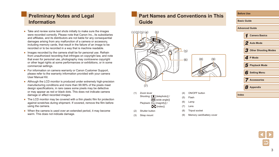 Part names and conventions in this guide | Canon PowerShot SX410 IS User Manual | Page 3 / 118