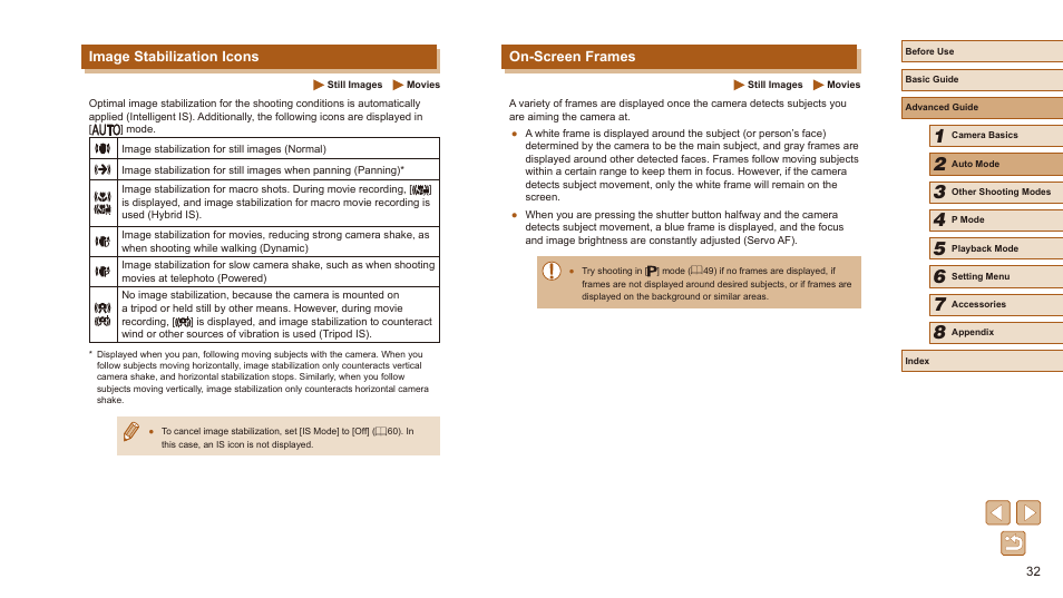 Image stabilization icons on-screen frames, On-screen frames, Image stabilization icons | Canon PowerShot SX410 IS User Manual | Page 32 / 118