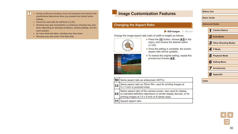 Image customization features, Changing the aspect ratio | Canon PowerShot SX410 IS User Manual | Page 36 / 118