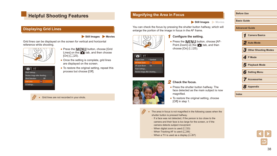 Helpful shooting features, Displaying grid lines magnifying the area in focus, Magnifying the area in focus | Displaying grid lines | Canon PowerShot SX410 IS User Manual | Page 38 / 118