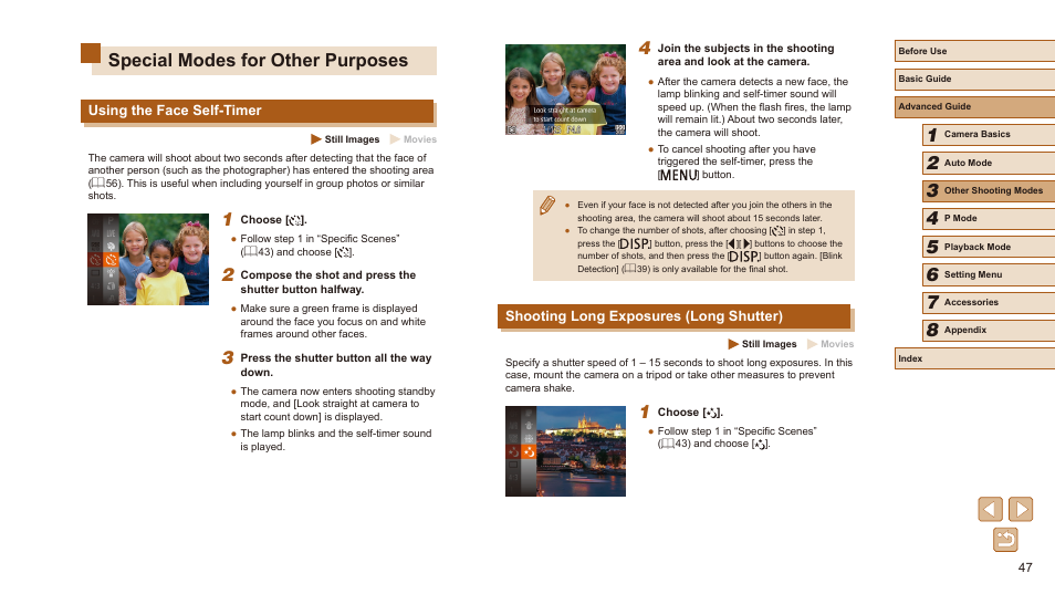 Special modes for other purposes, Shooting long exposures (long shutter), Using the face self-timer | Canon PowerShot SX410 IS User Manual | Page 47 / 118