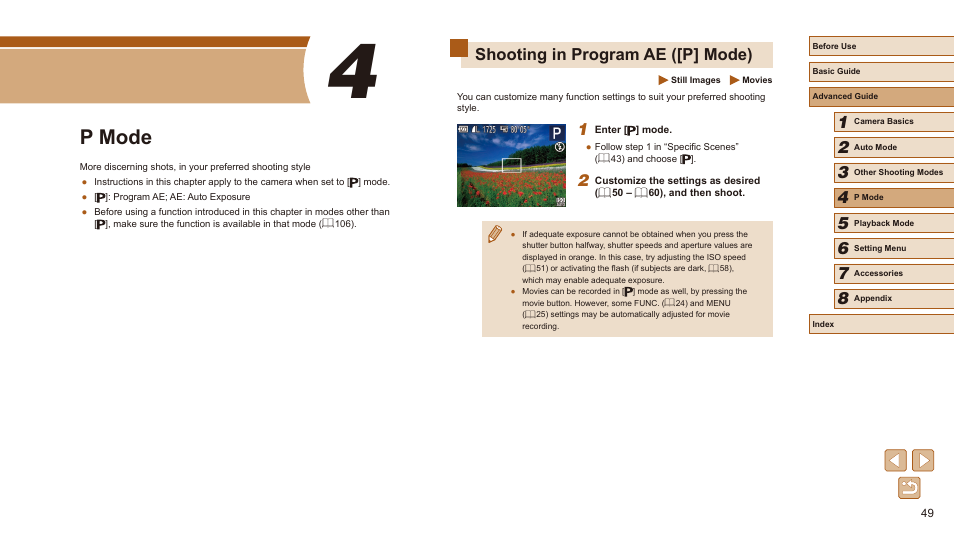 4 p mode, Shooting in program ae ([p] mode), P mode | Canon PowerShot SX410 IS User Manual | Page 49 / 118
