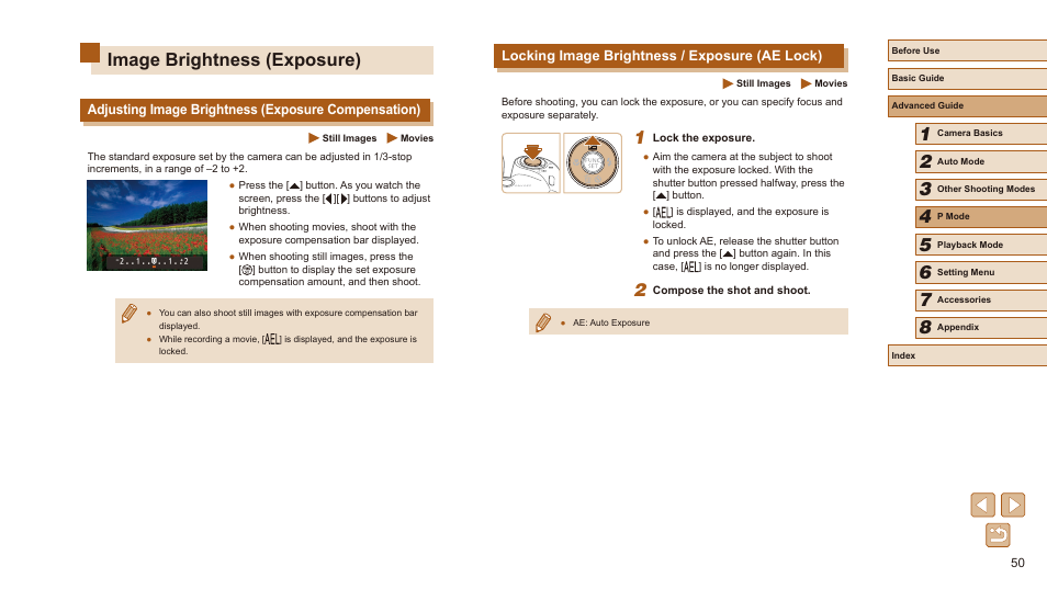 Locking image brightness / exposure (ae lock), Image brightness (exposure), Adjusting image brightness (exposure compensation) | Canon PowerShot SX410 IS User Manual | Page 50 / 118