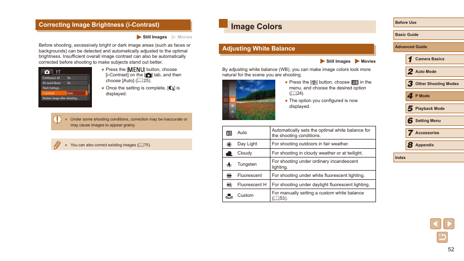 Correcting image brightness (i-contrast), Image colors, Adjusting white balance | Canon PowerShot SX410 IS User Manual | Page 52 / 118