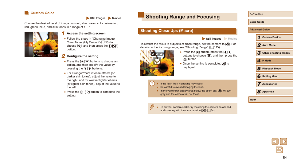 Custom color, Shooting range and focusing, Shooting close-ups (macro) | And other qualities as desired (= 54) | Canon PowerShot SX410 IS User Manual | Page 54 / 118