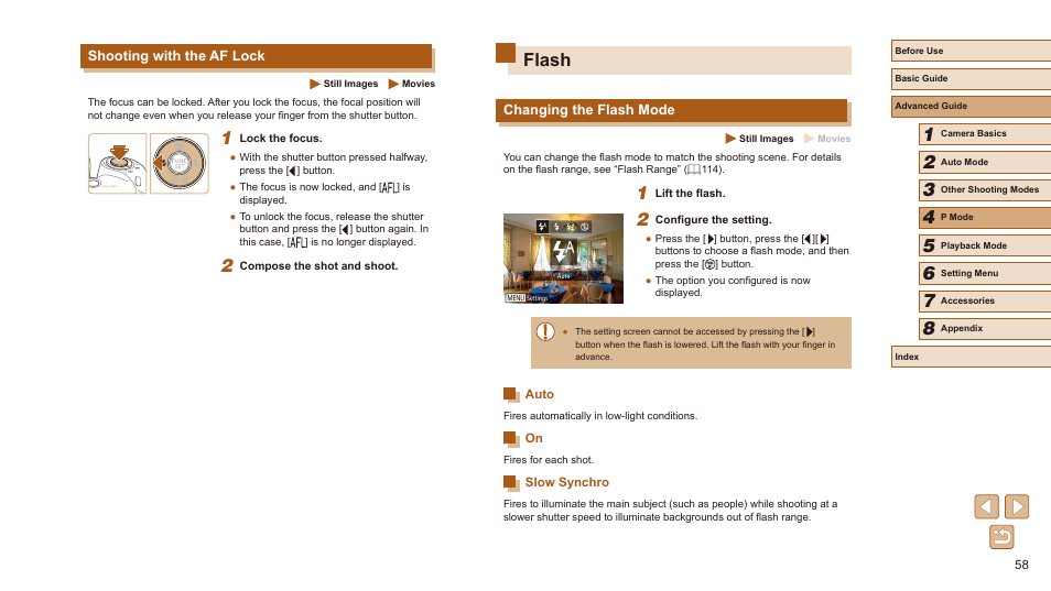 Shooting with the af lock, Flash, Changing the flash mode | Auto on slow synchro | Canon PowerShot SX410 IS User Manual | Page 58 / 118