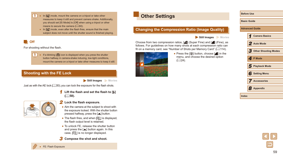 Shooting with the fe lock, Other settings, Changing the compression ratio (image quality) | Canon PowerShot SX410 IS User Manual | Page 59 / 118