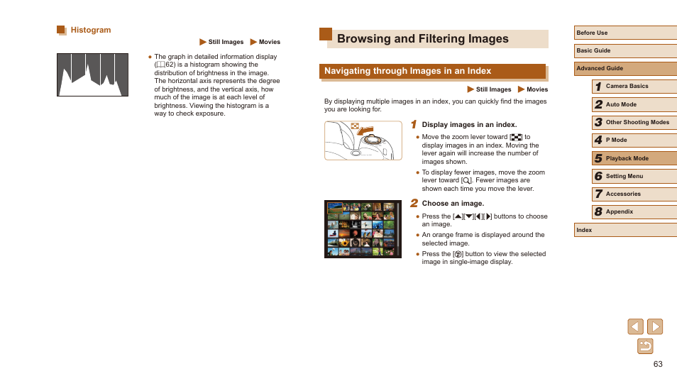 Histogram, Browsing and filtering images, Navigating through images in an index | Canon PowerShot SX410 IS User Manual | Page 63 / 118