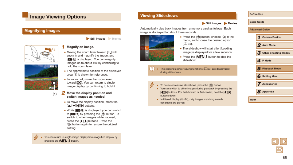 Image viewing options, Magnifying images viewing slideshows, Images” (= 65), and “viewing slideshows” (= 65). y | Viewing slideshows, Magnifying images | Canon PowerShot SX410 IS User Manual | Page 65 / 118