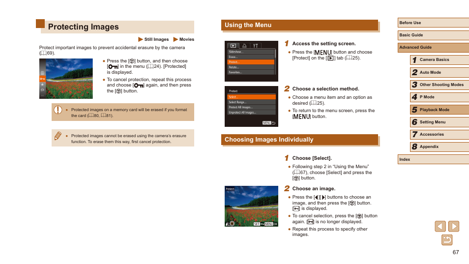 Protecting images, Using the menu choosing images individually, 67) or delete | Using the menu, Choosing images individually | Canon PowerShot SX410 IS User Manual | Page 67 / 118