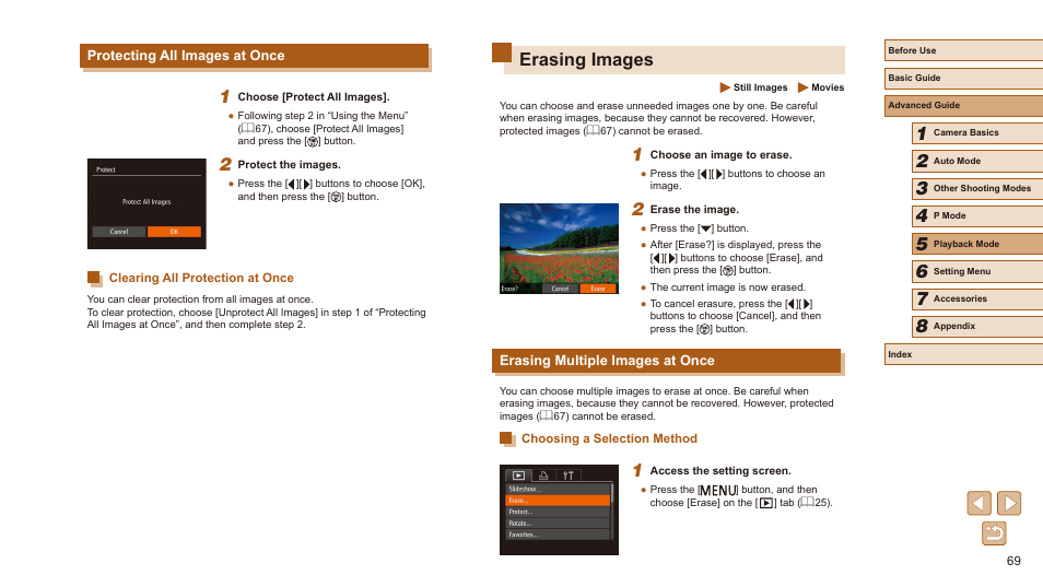 Protecting all images at once, Clearing all protection at once, Erasing images | Erasing multiple images at once, Choosing a selection method, 69) these images all at once | Canon PowerShot SX410 IS User Manual | Page 69 / 118