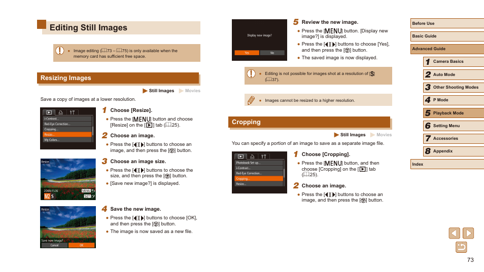 Resizing images cropping, Editing still images, Cropping | Resizing images | Canon PowerShot SX410 IS User Manual | Page 73 / 118