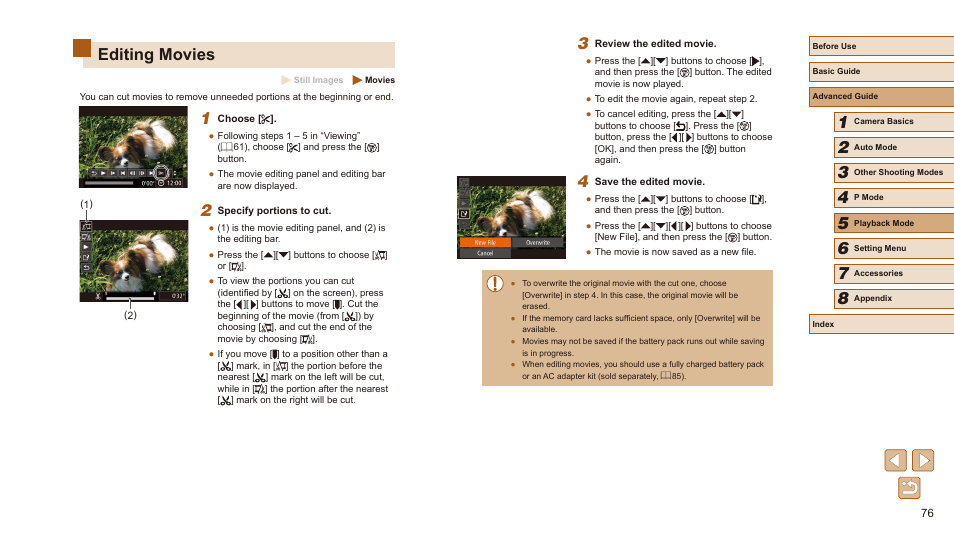 Editing movies | Canon PowerShot SX410 IS User Manual | Page 76 / 118