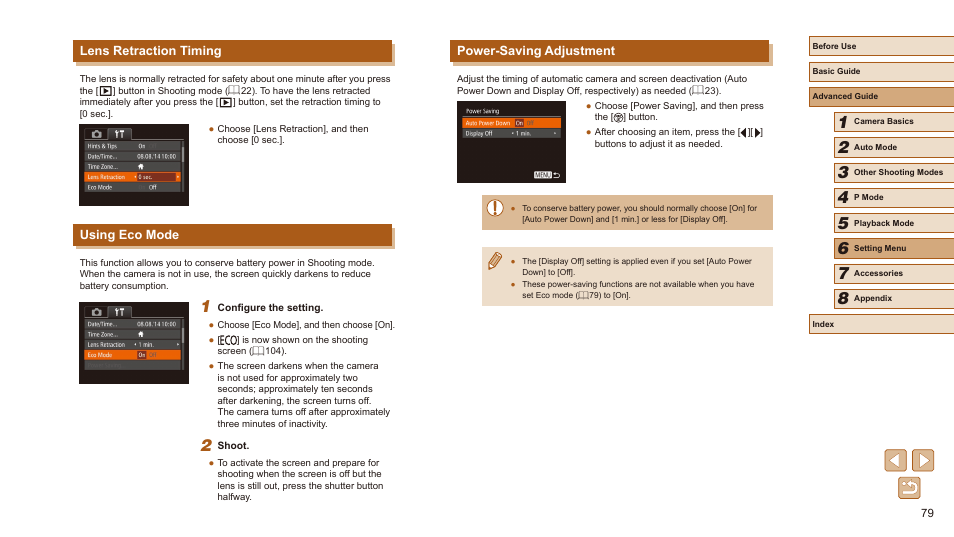 Power-saving adjustment, Lens retraction timing, Using eco mode | Canon PowerShot SX410 IS User Manual | Page 79 / 118