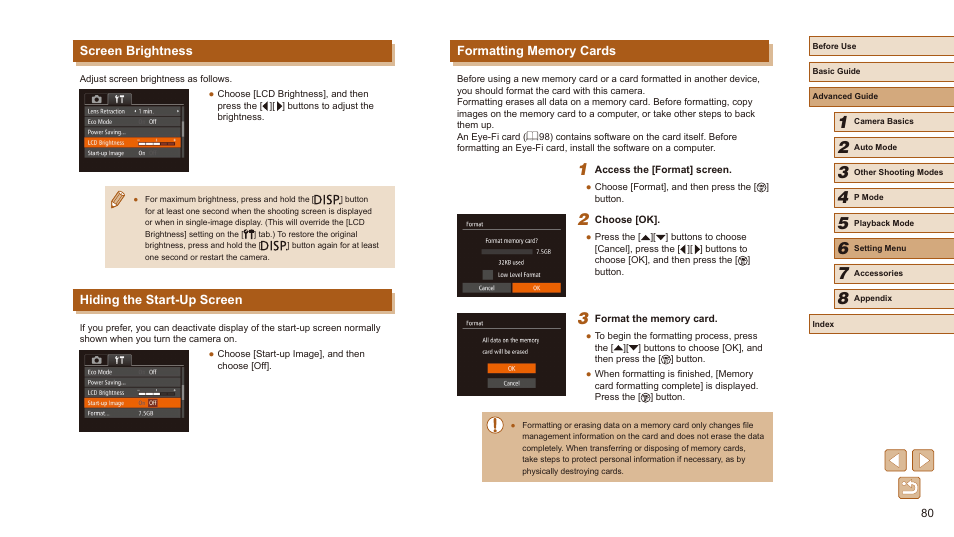 Screen brightness, Hiding the start-up screen | Canon PowerShot SX410 IS User Manual | Page 80 / 118