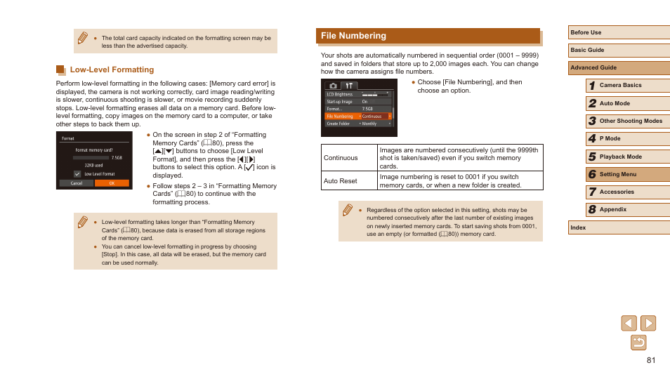 Low-level formatting, File numbering | Canon PowerShot SX410 IS User Manual | Page 81 / 118