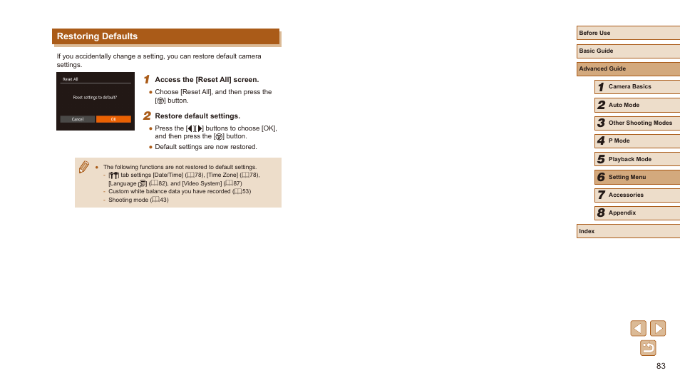 Restoring defaults | Canon PowerShot SX410 IS User Manual | Page 83 / 118