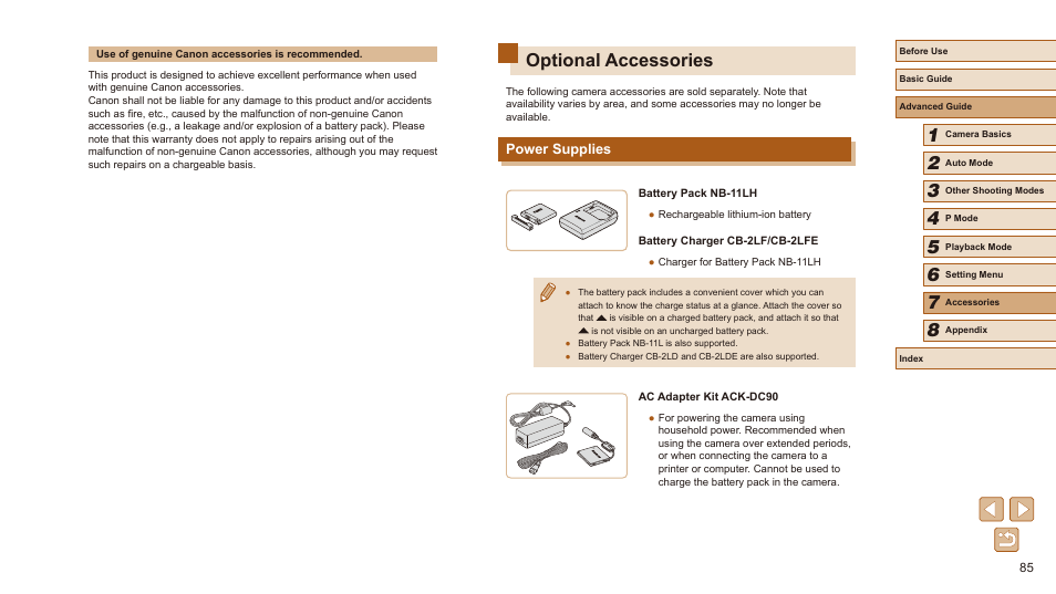 Optional accessories, Power supplies | Canon PowerShot SX410 IS User Manual | Page 85 / 118