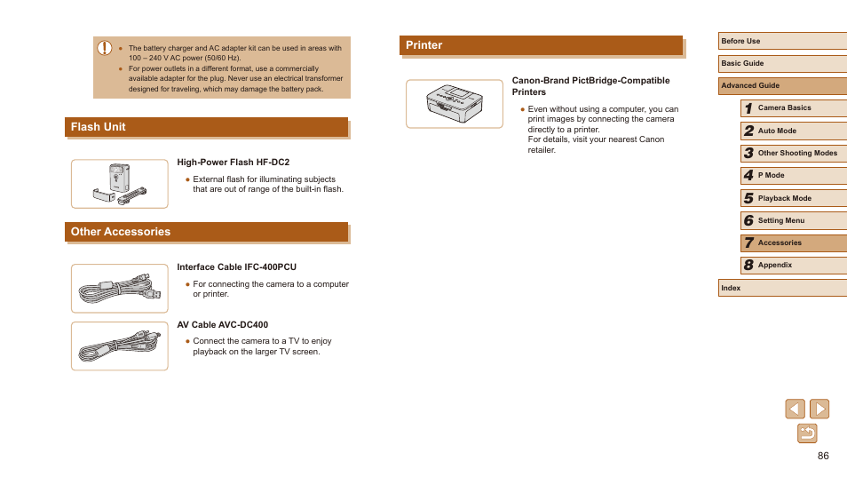 Flash unit, Other accessories printer, Printer | Other accessories | Canon PowerShot SX410 IS User Manual | Page 86 / 118