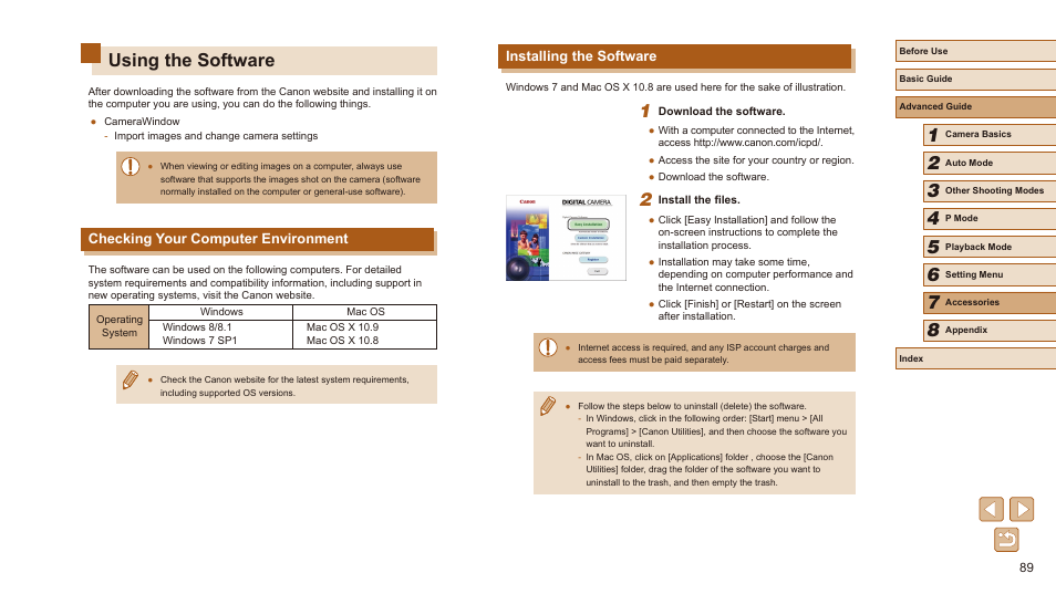 Using the software, Installing the software, Checking your computer environment | Canon PowerShot SX410 IS User Manual | Page 89 / 118