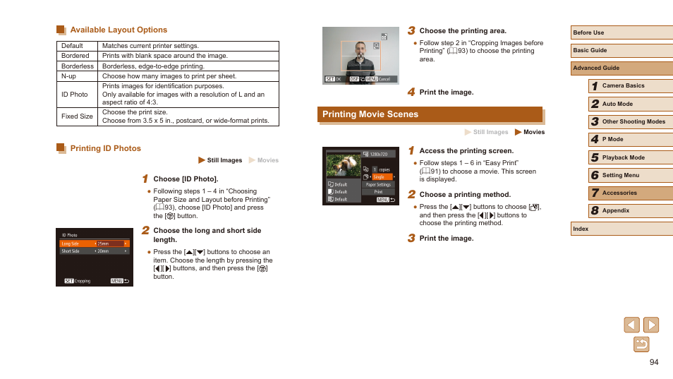 Available layout options printing id photos, Printing movie scenes | Canon PowerShot SX410 IS User Manual | Page 94 / 118