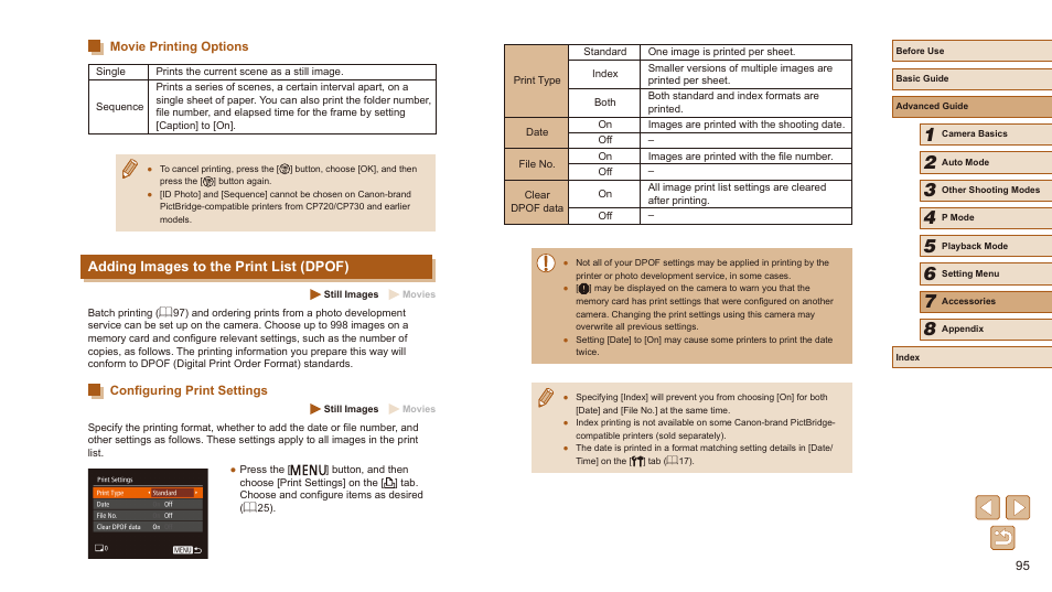 Movie printing options, Adding images to the print list (dpof), Configuring print settings | Use camera dpof print settings (= 95) to print, 95), or | Canon PowerShot SX410 IS User Manual | Page 95 / 118
