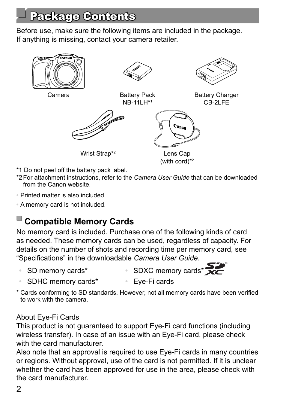 Package contents package contents | Canon PowerShot SX410 IS User Manual | Page 2 / 9