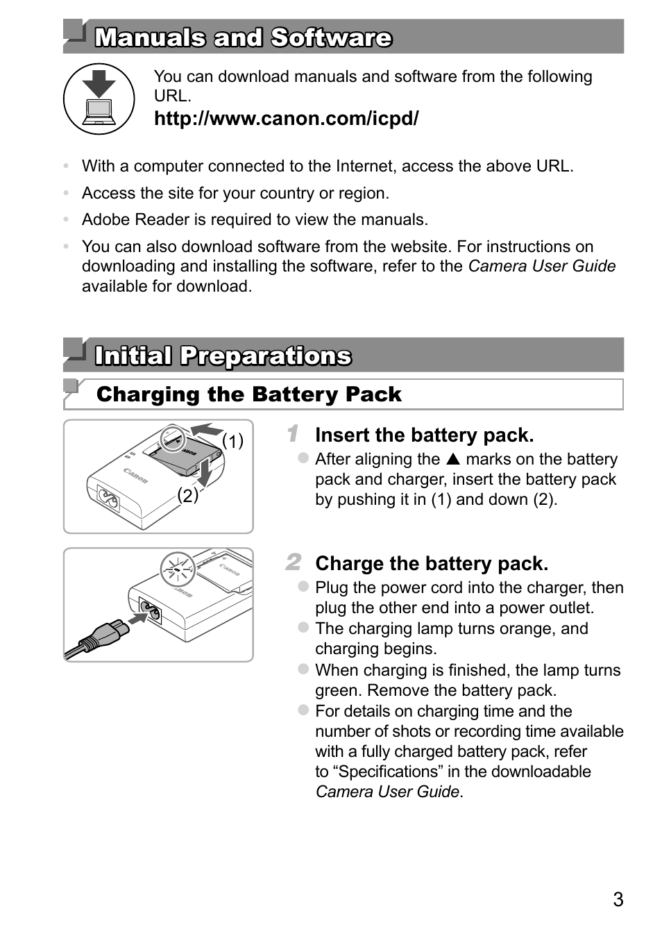 Manuals and software, Initial preparations | Canon PowerShot SX410 IS User Manual | Page 3 / 9