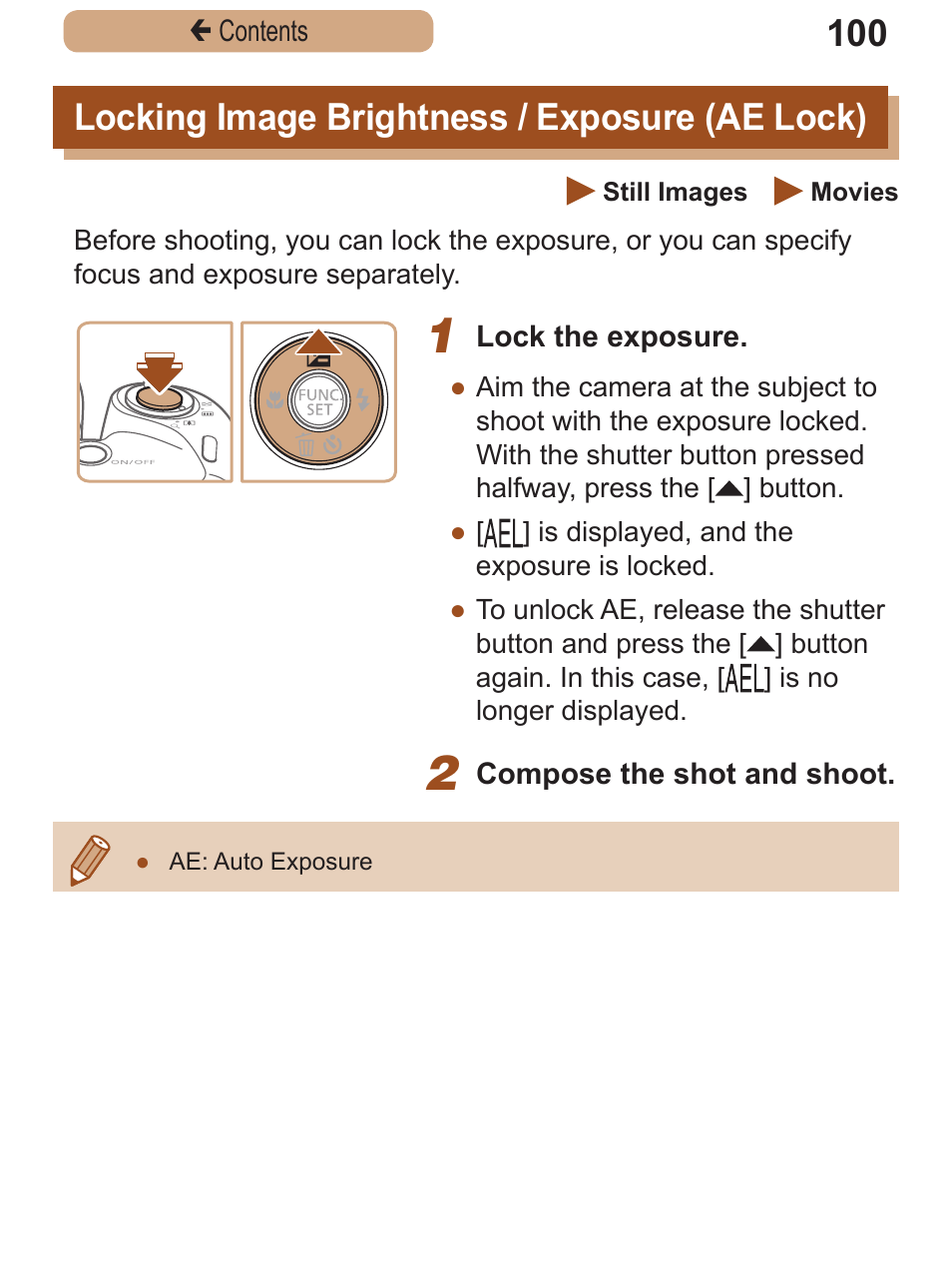 Locking image brightness / exposure (ae lock), Locking image, Brightness / exposure | Ae lock) | Canon PowerShot SX410 IS User Manual | Page 100 / 250