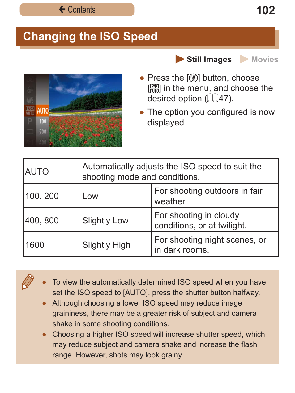Changing the iso speed, Changing the iso, Speed | 102) or activating the flash (if subjects are dark | Canon PowerShot SX410 IS User Manual | Page 102 / 250