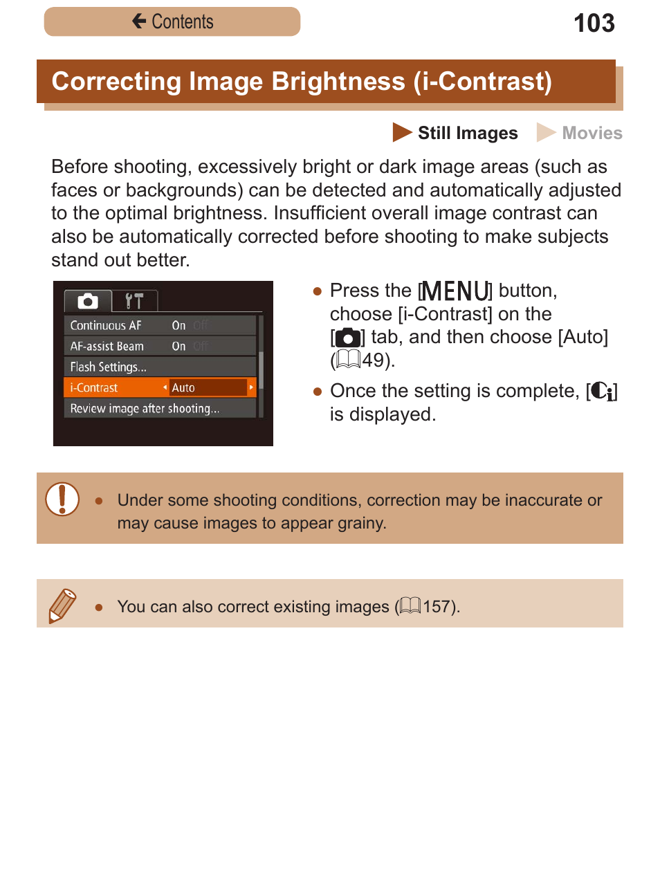 Correcting image brightness (i-contrast), Correcting image, Brightness | I-contrast) | Canon PowerShot SX410 IS User Manual | Page 103 / 250