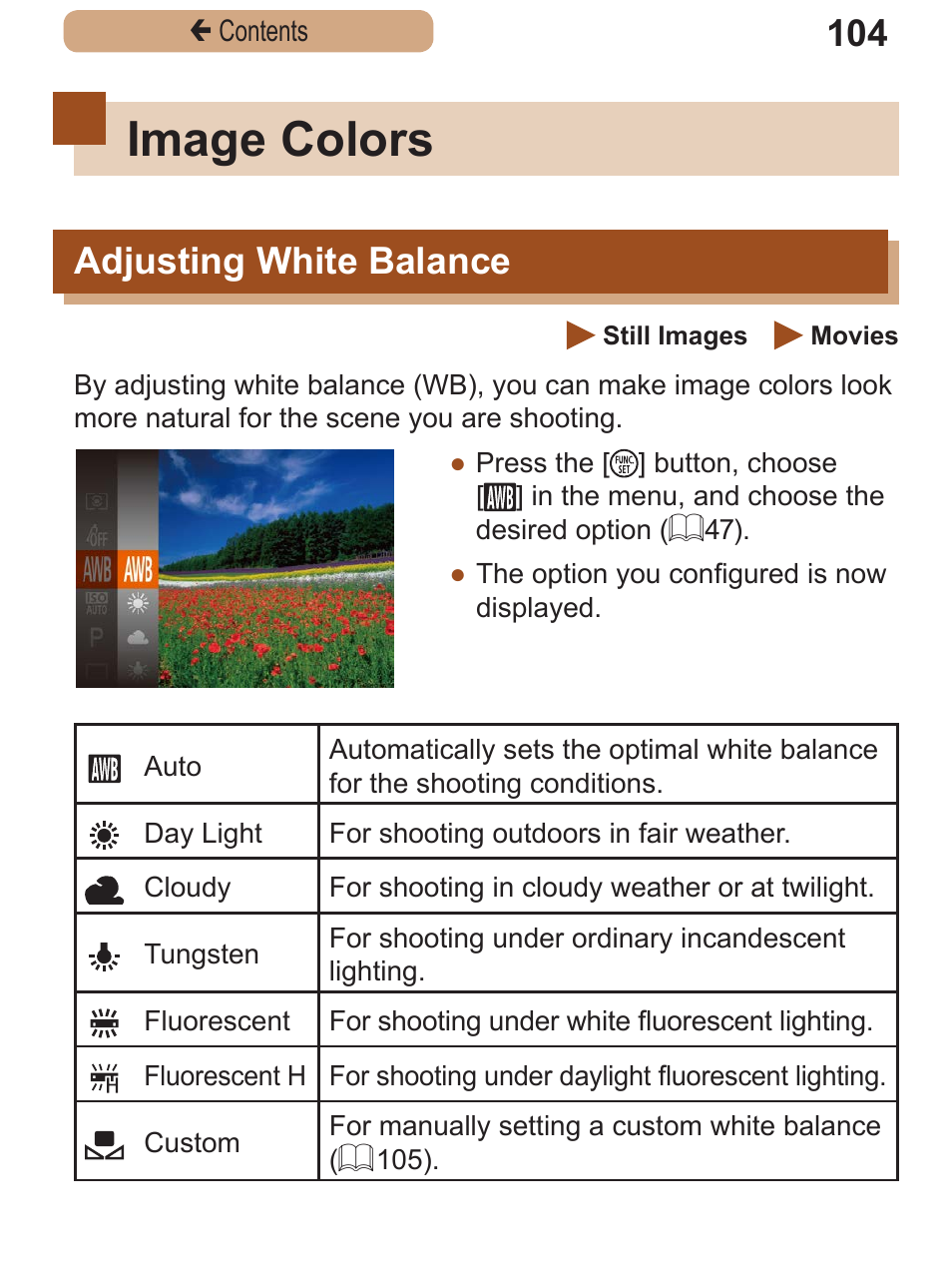 Image colors, Adjusting white balance, Adjusting white | Balance | Canon PowerShot SX410 IS User Manual | Page 104 / 250